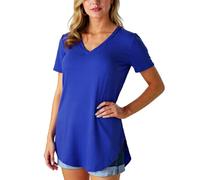 Women's Summer V Neck Short Sleeve Loose T Shirt Curved Hem Plus Size Solid Color Basic Top Casual Blouse for Daily Wear and Vacation