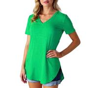 Women's Summer V Neck Short Sleeve Loose T Shirt Curved Hem Plus Size Solid Color Basic Top Casual Blouse for Daily Wear and Vacation