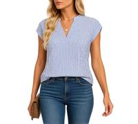 Women's Summer V-Neck Striped Short Sleeve Shirt Casual Top Blue White Vertical Stripe Blouse Lightweight Breathable Tunic for Daily Work Wear