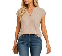 Women's Summer V-Neck Striped Short Sleeve Shirt Casual Top Blue White Vertical Stripe Blouse Lightweight Breathable Tunic for Daily Work Wear