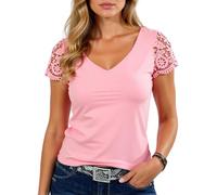 Women's Summer V Neck T Shirt with Lace Short Sleeves Casual Solid Color Top Blouse for Daily Wear Vacation Beach Outfit Soft Breathable Fabric