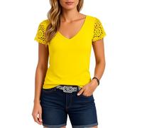 Women's Summer V Neck T Shirt with Lace Short Sleeves Casual Solid Color Top Blouse for Daily Wear Vacation Beach Outfit Soft Breathable Fabric