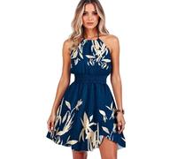 Women's Summer Vibrant Abstract Print Halter Neck Dress Sleeveless Smocked Waist Tiered Ruffle Mini Dress for Beach Party Vacation Casual Wear