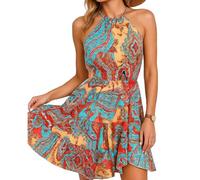 Women's Summer Vibrant Abstract Print Halter Neck Dress Sleeveless Smocked Waist Tiered Ruffle Mini Dress for Beach Party Vacation Casual Wear