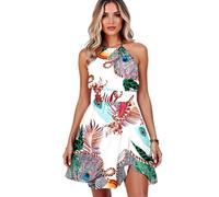Women's Summer Vibrant Abstract Print Halter Neck Dress Sleeveless Smocked Waist Tiered Ruffle Mini Dress for Beach Party Vacation Casual Wear