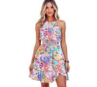 Women's Summer Vibrant Abstract Print Halter Neck Dress Sleeveless Smocked Waist Tiered Ruffle Mini Dress for Beach Party Vacation Casual Wear