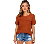 Women's Summer Waffle Knit Short Sleeve Top with Lace Detail Crew Neck Casual Loose Fit Boho Blouse Breathable Lightweight Tunic Shirt for Daily Wear