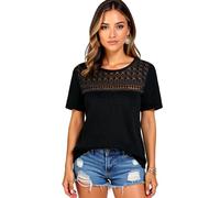 Women's Summer Waffle Knit Short Sleeve Top with Lace Detail Crew Neck Casual Loose Fit Boho Blouse Breathable Lightweight Tunic Shirt for Daily Wear