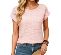 Women's Summer Waffle Knit Top Short Sleeve Crew Neck T Shirt with Lace Cutout Sleeve Detail Casual Loose Fit Blouse for Daily Wear Vacation Beach