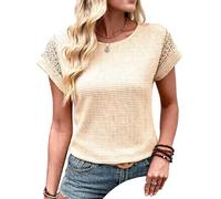 Women's Summer Waffle Knit Top Short Sleeve Crew Neck T Shirt with Lace Cutout Sleeve Detail Casual Loose Fit Blouse for Daily Wear Vacation Beach