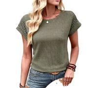 Women's Summer Waffle Knit Top Short Sleeve Lace Cutout Casual T Shirt Breathable Mesh tee Blouse for Daily Wear Vacation Beach Outing