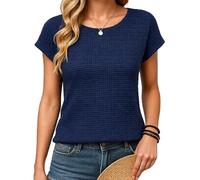 Women's Summer Waffle Knit Top Short Sleeve Lace Cutout Casual T Shirt Breathable Mesh tee Blouse for Daily Wear Vacation Beach Outing