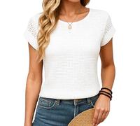 Women's Summer Waffle Knit Top Short Sleeve Lace Cutout Casual T Shirt Breathable Mesh tee Blouse for Daily Wear Vacation Beach Outing