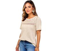Women's Summer Waffle Knit Top with Lace Insert Short Sleeve Casual Loose Fit Tunic tee Shirt for Daily Wear and Vacation Black Blouse