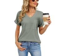 Womens Summer Waffle Knit V Neck T Shirt Short Sleeve Casual Pocket Top Loose Fit Basic tee for Daily Wear Vacation Outfits Soft Breathable