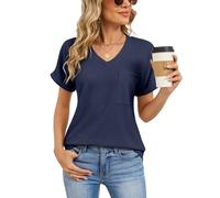 Womens Summer Waffle Knit V Neck T Shirt Short Sleeve Casual Pocket Top Loose Fit Basic tee for Daily Wear Vacation Outfits Soft Breathable