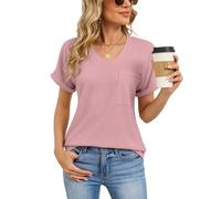 Womens Summer Waffle Knit V Neck T Shirt Short Sleeve Casual Pocket Top Loose Fit Basic tee for Daily Wear Vacation Outfits Soft Breathable