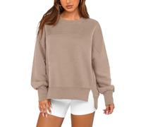 Womens Sweatshirt Crew Neck Long Sleeve Oversized Side Slit Pullover (Khaki,XL)