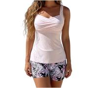 Womens Swimming Costumes Tankini Sets Tummy Control with Printed Shorts Ribbed Twisted Front Swimsuits Two Piece Swimwear for Women (Pink, M)(Light Violet,XXL)
