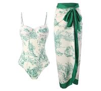 Women's Swimsuit V Neck European and American Tight and Slim Retro Beach Sun Cream Long Skirt Set Two Hot Spring Swimsuits for Women, Blue, XL(Green,XL)