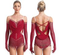Womens Tassel Latin Dance Leotard Dress Rhinestone Fringed Bodysuit+Gloves Outfits For Tango Cha-Cha Salsa Skating Performance(Red,XL)