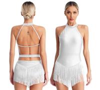 Womens Tassel Latin Dance Leotard Dress Rhinestone Fringed Bodysuit+Gloves Outfits For Tango Cha-Cha Salsa Skating Performance(White A,L)