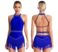 Womens Tassel Latin Dance Leotard Dress Rhinestone Fringed Bodysuit+Gloves Outfits For Tango Cha-Cha Salsa Skating Performance(COLOR2,XXL)