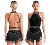Womens Tassel Latin Dance Leotard Dress Rhinestone Fringed Bodysuit+Gloves Outfits For Tango Cha-Cha Salsa Skating Performance(Black2,XXL)
