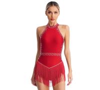 Womens Tassel Latin Leotard Shiny Rhinestones Halter Backless Fringe Bodysuit Ballroom Tango Salsa Dance Costume(Wine Red,XXL)