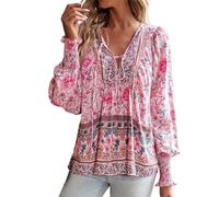 Womens Top V-Neck Tie Printed Shirt Long Sleeve Top Ladies Loose Fit Shirts Summer Casual Blouse Elegant Going out T-Shirts E-35