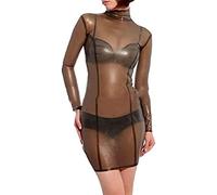 Women's Transparent Black Bondage Long Sleeve Latex Dress With Back Zip Up To Waist Decoration,Personalización De Colores,XXS