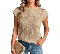 Women's Trendy Fashion Pleated Short Sleeve Top Casual Round Neck Textured Blouse Loose Fit Summer Shirt for Daily Wear Vacations
