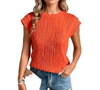 Women's Trendy Fashion Pleated Short Sleeve Top Casual Round Neck Textured Blouse Loose Fit Summer Shirt for Daily Wear Vacations