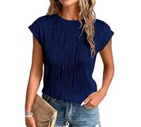Women's Trendy Fashion Pleated Short Sleeve Top Casual Round Neck Textured Blouse Loose Fit Summer Shirt for Daily Wear Vacations