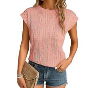 Women's Trendy Fashion Pleated Short Sleeve Top Casual Round Neck Textured Blouse Loose Fit Summer Shirt for Daily Wear Vacations