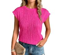 Women's Trendy Fashion Pleated Short Sleeve Top Casual Round Neck Textured Blouse Loose Fit Summer Shirt for Daily Wear Vacations
