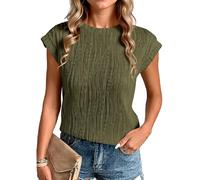 Women's Trendy Fashion Pleated Short Sleeve Top Casual Round Neck Textured Blouse Loose Fit Summer Shirt for Daily Wear Vacations
