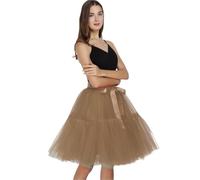 Women's Tul Falda Tulle Skirt Ladies Prom Dress Midi High Waist Ballet Pleated(Khaki)
