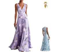 Women's Tulip Print Chiffon V Neck Sleeveless Maxi Dress,Elegant Floral Flowy Party Wedding Evening Dress,Tulip Beach Dresses (FR/ES, Letras, XL, Regular, Regular, Light Purple)