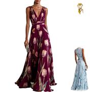 Women's Tulip Print Chiffon V Neck Sleeveless Maxi Dress,Elegant Floral Flowy Party Wedding Evening Dress,Tulip Beach Dresses (FR/ES, Letras, XXL, Regular, Regular, Burgundy)