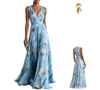 Women's Tulip Print Chiffon V Neck Sleeveless Maxi Dress,Elegant Floral Flowy Party Wedding Evening Dress,Tulip Beach Dresses (FR/ES, Letras, XXL, Regular, Regular, Sky Blue)