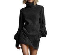 Women's Turtleneck Faux Suede Mini Dress Vintage with Lantern Sleeves and Utility Pockets 2026 New (Black,XXL)