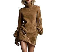 Women's Turtleneck Faux Suede Mini Dress Vintage with Lantern Sleeves and Utility Pockets 2026 New (Brown,L)