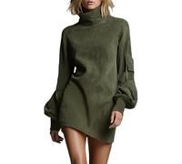 Women's Turtleneck Faux Suede Mini Dress Vintage with Lantern Sleeves and Utility Pockets 2026 New (Olive Green,L)