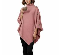 Women's Turtleneck Poncho Sweater - Cozy Knit Pullover with Button Details, Asymmetrical Hem, Soft Warm Fall Winter Wrap Shawl Cape for Casual Outfits, Travel & Layering(Pink)
