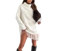 Women's Turtleneck Sweater Mini Dress Set, 2026 Turtleneck Sweater Dress Women, with Elegant Lace-Trim Slip Dresses (White,XXL)