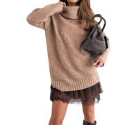 Women's Turtleneck Sweater Mini Dress Set, Wool-Blend Slim-Fit, Perfect for Daily Look & Holiday Celebrations (Khaki,XL)