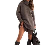 Women's Turtleneck Sweater Mini Dress Set, Wool-Blend Slim-Fit, Perfect for Daily Look & Holiday Celebrations (Dark Brown,XL)