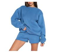 Womens Two Piece Lounge Set Crewneck Long Sleeve Sweatshirt And Shorts (Blue,L)