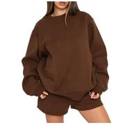 Womens Two Piece Lounge Set Crewneck Long Sleeve Sweatshirt And Shorts (Brown,XL)